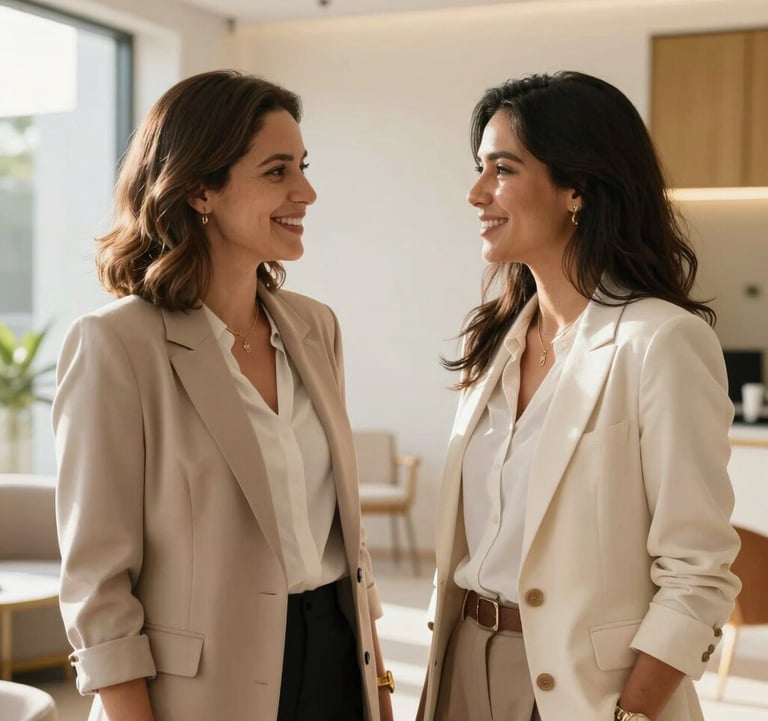 Two South American / Brazilian women in elegant business-casual attire, talking warmly in a sunlit, modern space with off-white and golden tan decor. Candid and emotional connection.