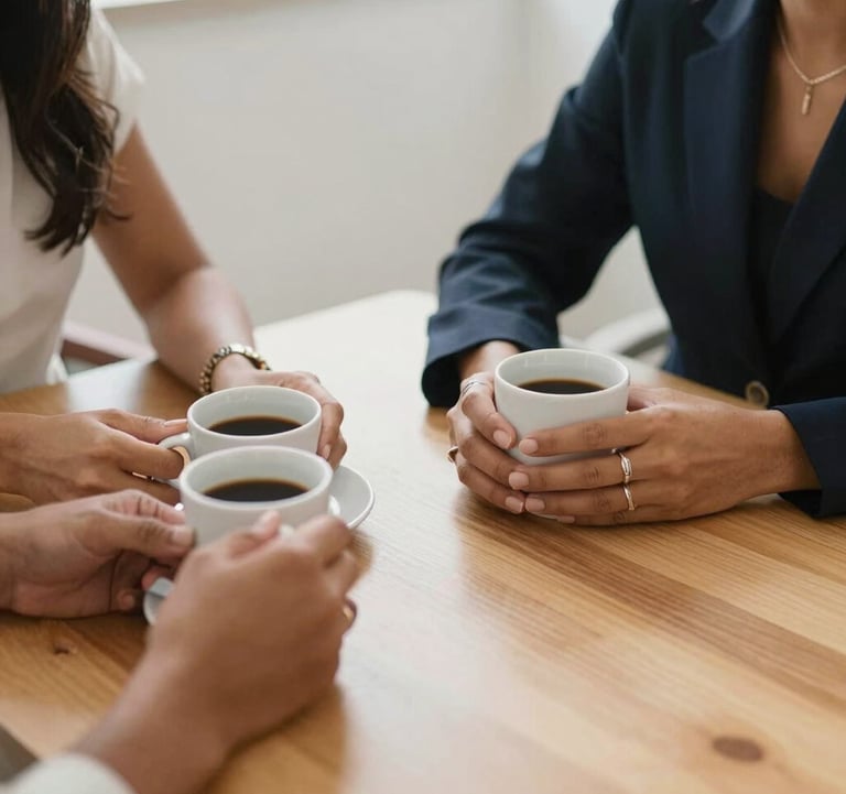 A detail shot of two South American / Brazilian women talking over a minimalist wooden table, focus on their hands and coffee cups, conveying connection, empathy, and professional coaching.