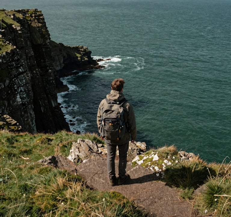 A Northern European / British / Yorkshire traveler with a backpack standing on the rugged cliffs of Whitby, looking out at the North Sea. The sea is a Deep Forest Green color, and the grass on the cliffs is a vibrant Muted Moss. The lighting is crisp and natural.