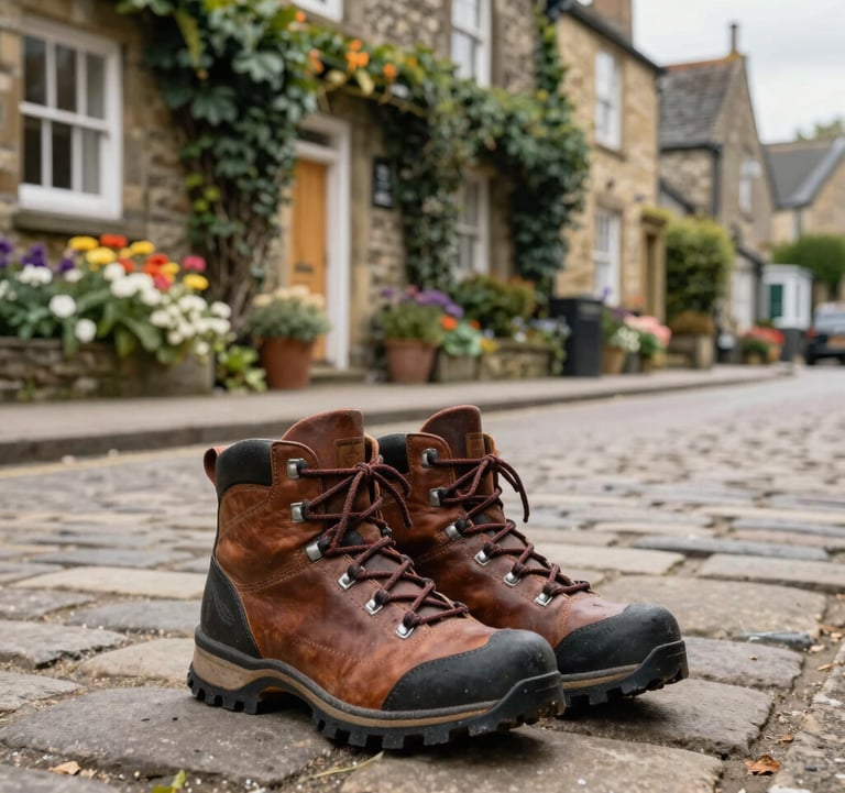 A lifestyle photograph showing a pair of sturdy leather hiking boots resting on a cobblestone street in a charming Northern European / British / Yorkshire village. Ivy-covered stone walls and blooming flowers create a warm, inviting local atmosphere.