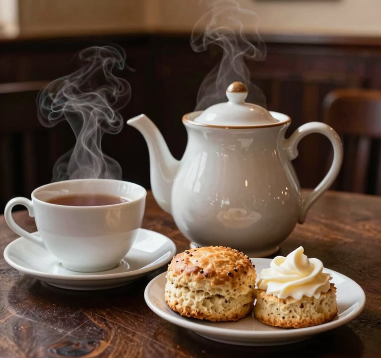 A close-up of a traditional Yorkshire tea service in a cozy pub. A steaming ceramic pot, a cup of tea, and a fresh scone with cream on a dark wood table. Warm indoor lighting.
