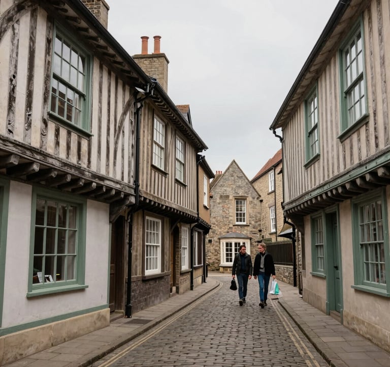 A charming, narrow cobblestone street in York, England, featuring historic timber-framed buildings. The window frames are painted in a Soft Sage color. The sky is a pale Yorkshire Mist gray. A couple, a Northern European / British / Yorkshire pair, are seen walking in the distance, carrying shopping bags.