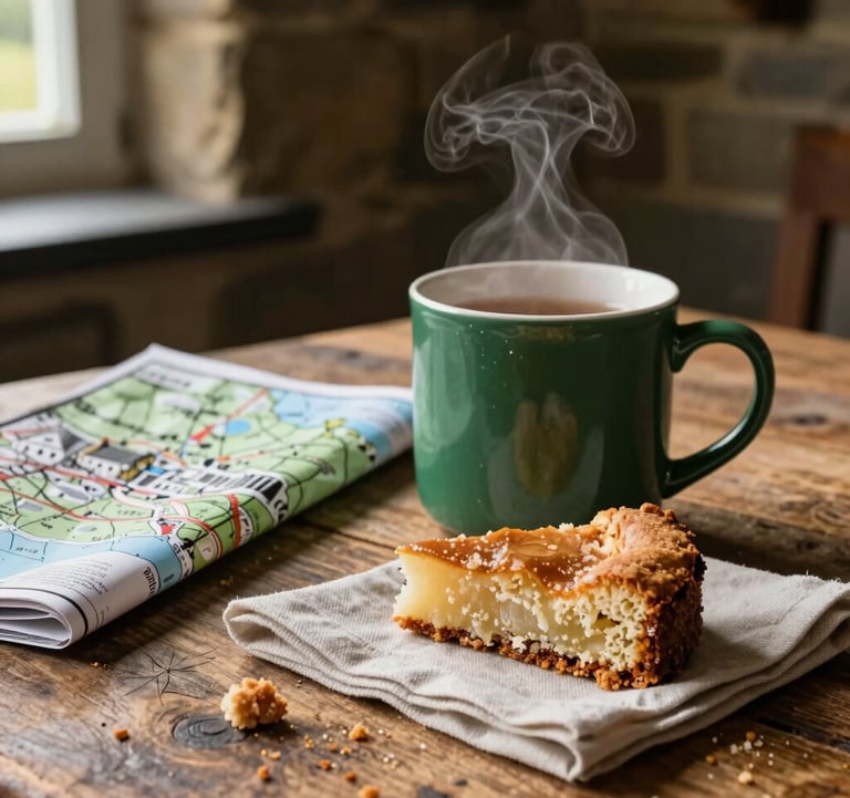 A close-up photograph of a steaming mug of tea and a crumbly piece of parkin cake on a rustic wooden table inside a stone cottage. A folded map of North Yorkshire lies nearby. The color palette includes warm Deep Forest Green shadows and Soft Sage accents on a napkin. Atmospheric Northern European / British / Yorkshire indoor lighting.