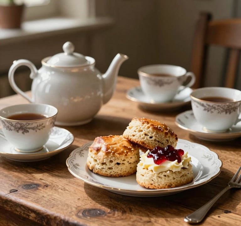 A close-up photograph of a traditional afternoon tea set on a rustic wooden table. A teapot, porcelain cups, and fresh scones with clotted cream and jam are bathed in warm sunlight inside a cozy Northern European / British / Yorkshire tea room.