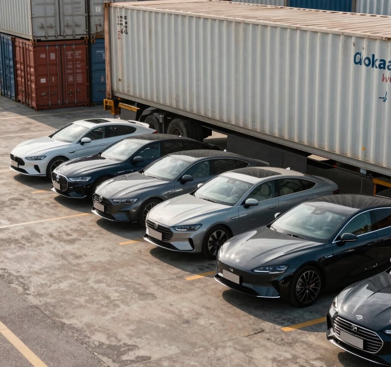A collection of high-end, modern cars parked in a secure shipping yard next to a massive sea freight container, showcasing the precision and safety of vehicle logistics, Global Business style.