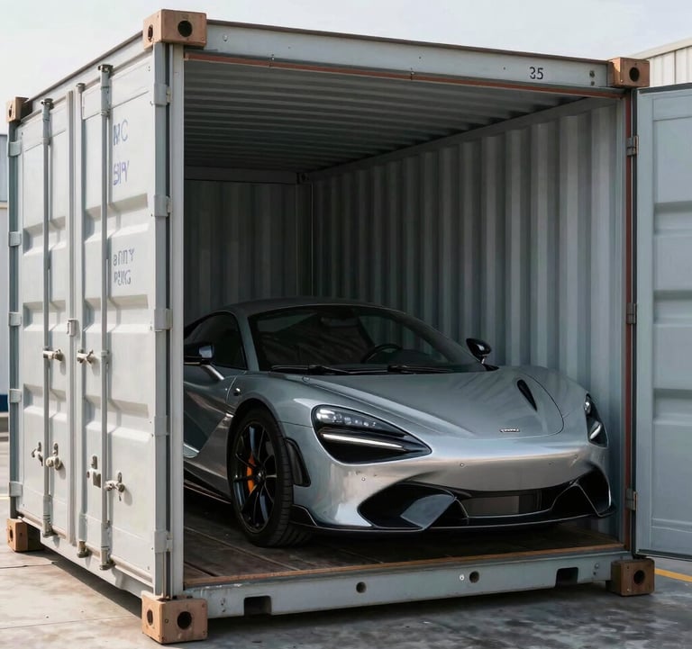 Detailed shot of a luxury sports car secured inside a clean, modern shipping container, bright even lighting, professional logistics photography, global business aesthetic.