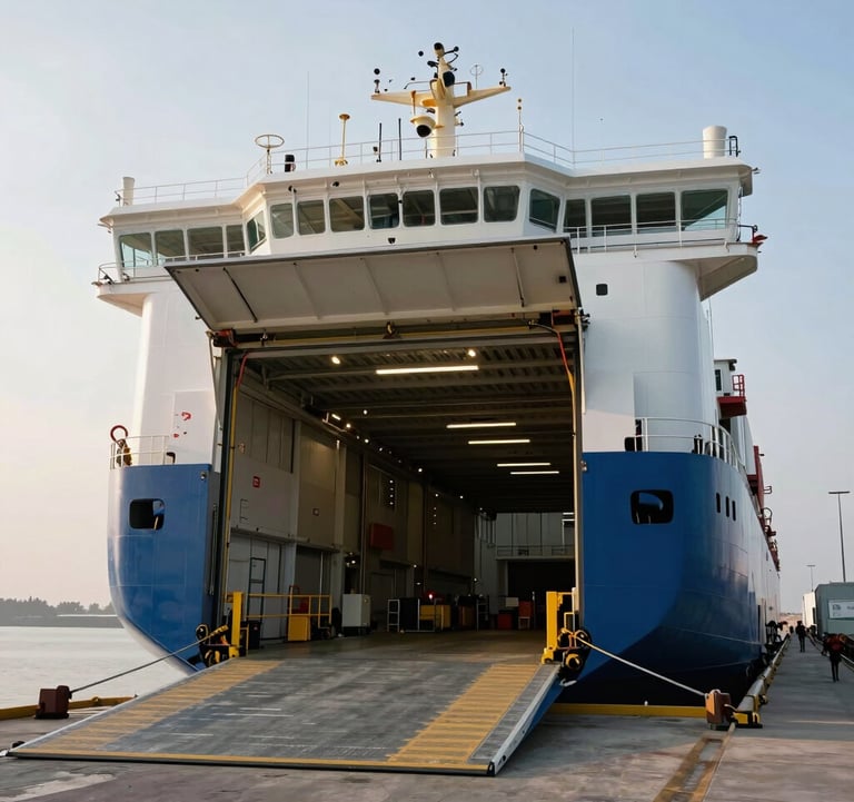 A large white and blue Ro-Ro vessel docked at a harbor with its loading ramp open, ready to receive cargo, bright morning light, professional photography of international logistics operations.