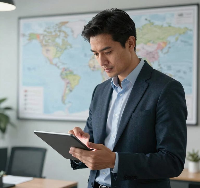 A professional logistics manager in a modern office with maps on the wall, reviewing digital documents on a tablet, global business setting, premium feel.
