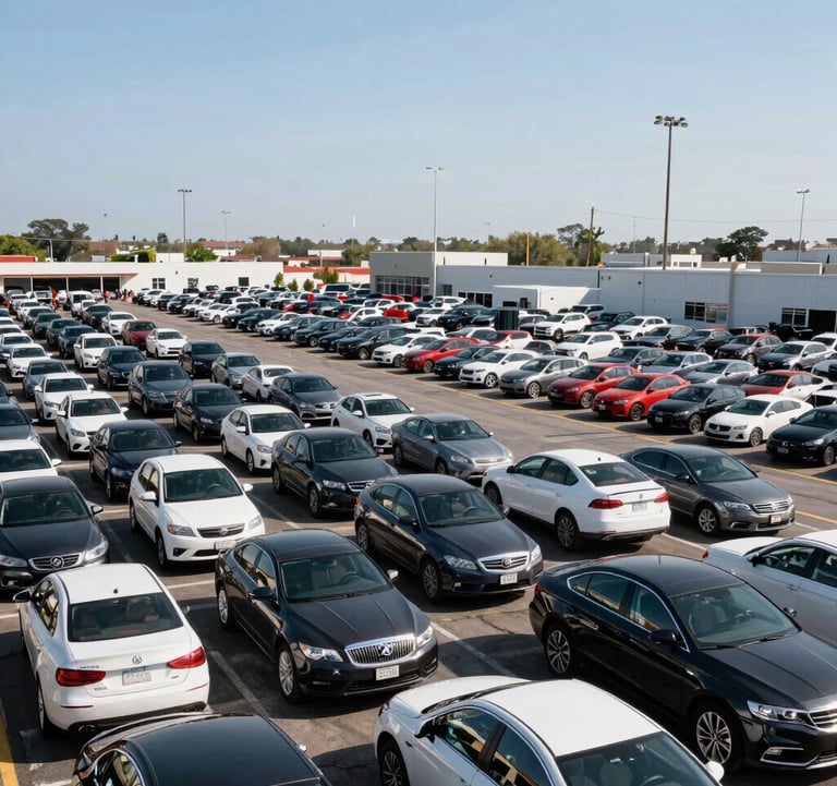 A busy car auction yard in the USA under a clear sky, featuring hundreds of vehicles organized for export. High-resolution photography, professional and bright. Global Business.