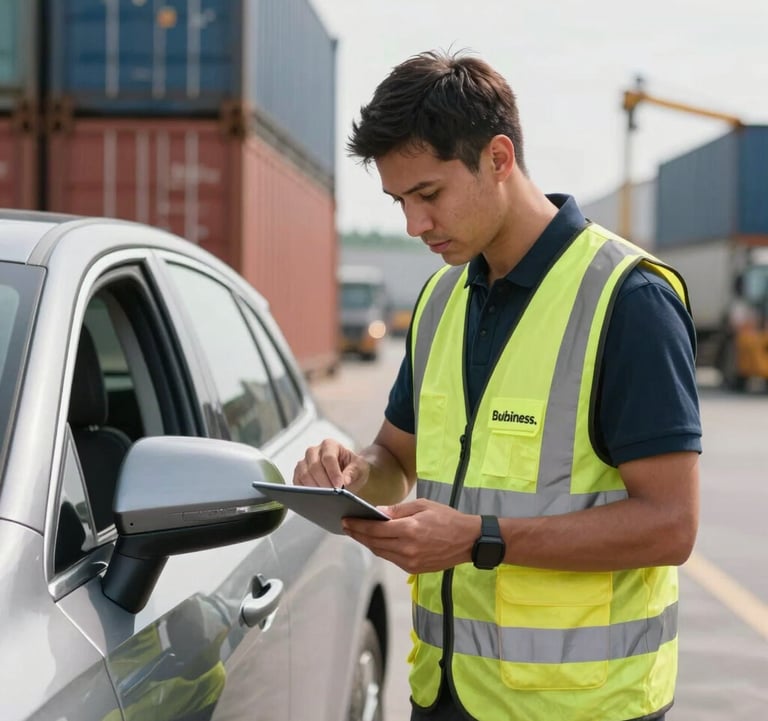 An image of a car being inspected by a professional in a high-vis vest at a shipping terminal. Modern, safe, and professional atmosphere. Global Business.