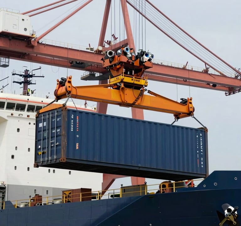 Close up of a heavy-duty crane lifting a container onto a ship at a port. Industrial but clean and premium aesthetic with vibrant orange and deep navy blue colors.