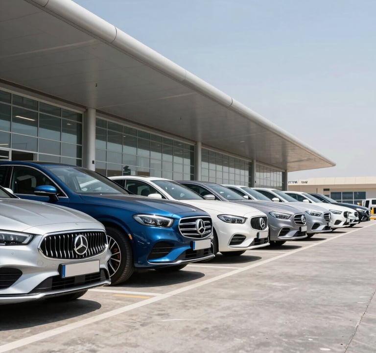 Professional photography of high-end cars lined up at a clean, modern terminal port in the UAE. Clear sky, bright daylight, steel blue and white accents. Global Business.