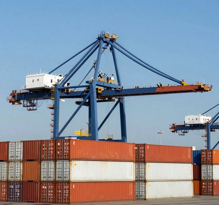 A professional shot of a bustling international port with towering steel blue cranes and neatly stacked shipping containers in orange and white, sharp focus, clear blue sky, Global Business environment.