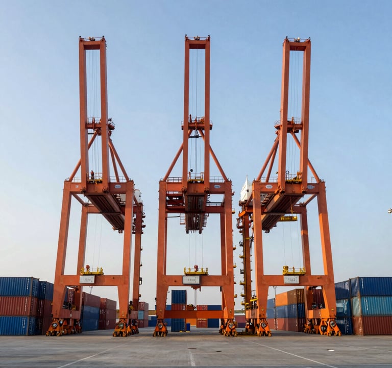 A modern container port terminal with high-reaching orange cranes and stacked blue containers under a clear sky, symmetrical composition, professional photography.