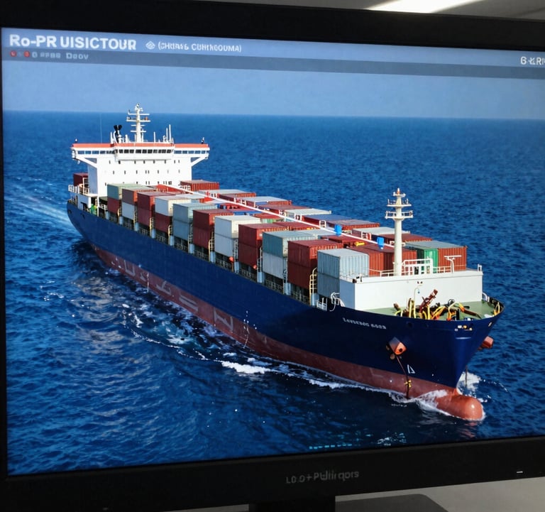 A close-up photograph of a professional shipping logistics dashboard showing a Ro-Ro vessel's route on a digital screen, with a steel blue and navy blue color palette. Global Business context.