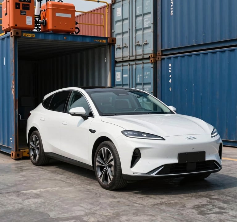 A clean, bright photograph of a modern white luxury sedan being loaded into a shipping container at a busy terminal, with orange safety equipment and steel blue shipping containers in the background.