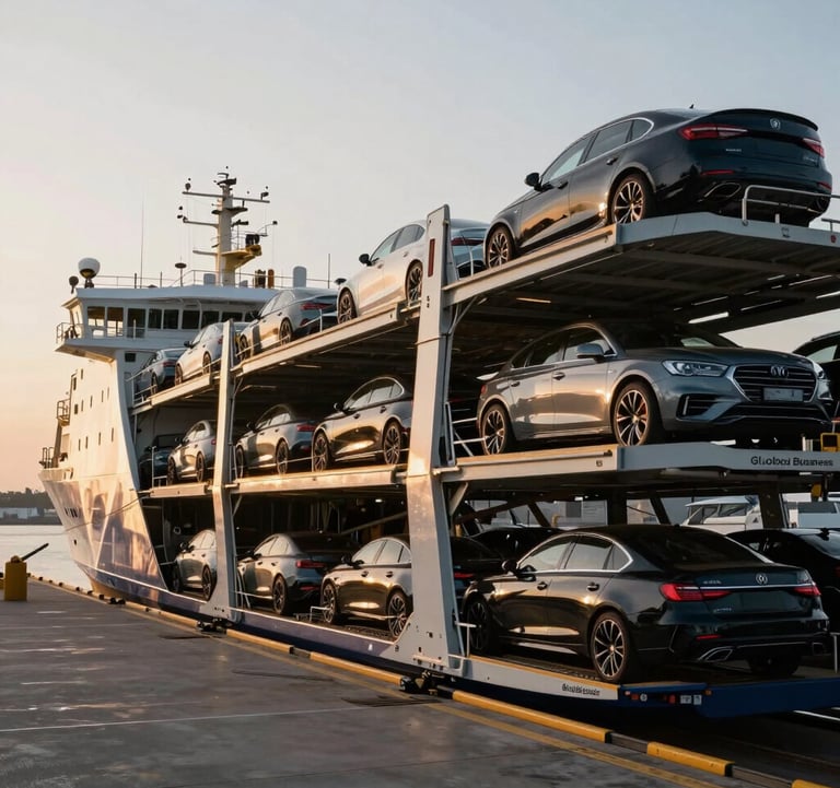 A low-angle view of a professional car carrier ship docked in a modern harbor, with rows of polished cars parked on the deck under a soft golden sunset, Global Business style.