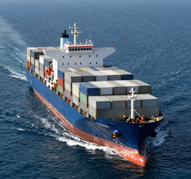 A powerful image of a large container ship moving through calm deep blue waters, shot from above. The composition is clean and modern, emphasizing efficiency and scale.