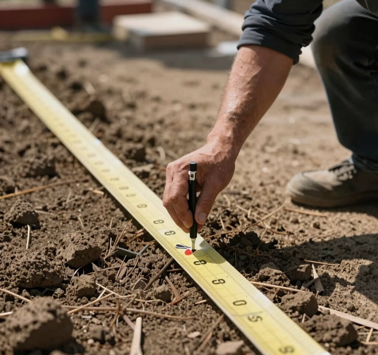 A close-up of a professional site survey or marking on the ground, indicating organized and measured land preparation for development.