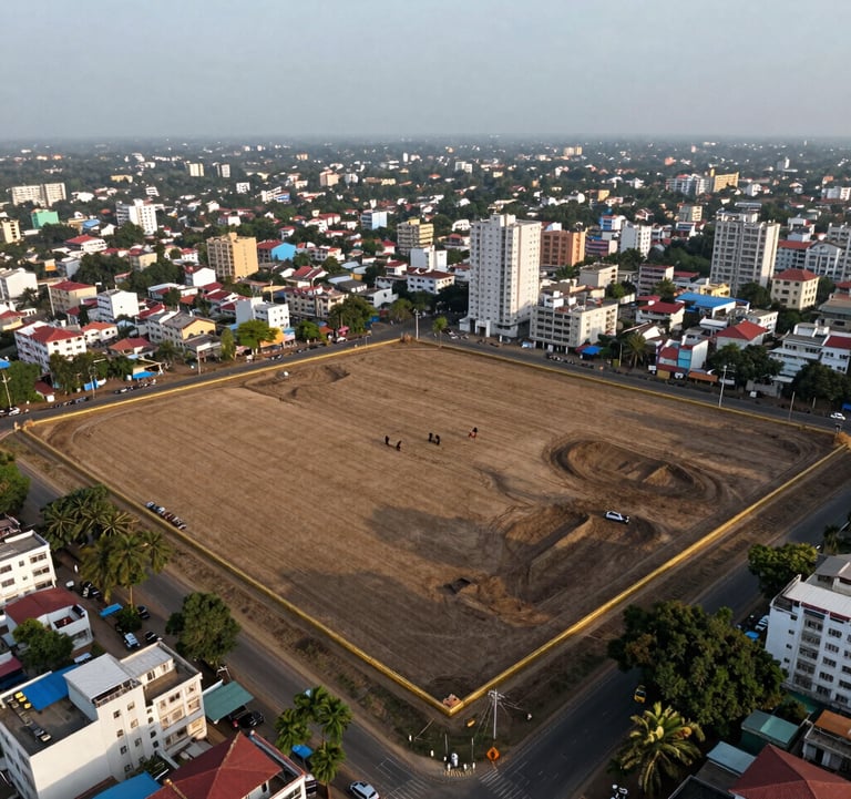 An aerial drone photograph of a clean, cleared land parcel of approximately 1 acre in Chennai. The site is bounded by gold-toned perimeter markings and surrounded by the developing urban sprawl of the Porur area under a clear, light gray sky.