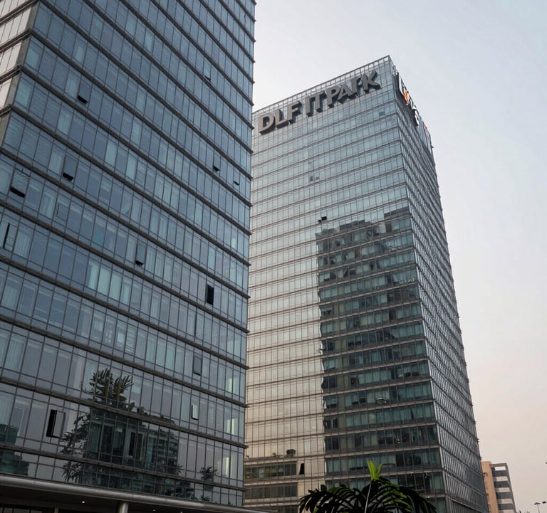 A grand architectural view of the DLF IT Park glass buildings in Chennai, reflecting a soft off-white sky, highlighting the commercial proximity.