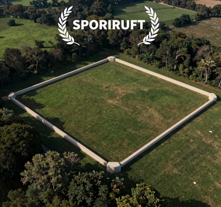Clean, professional drone shot focusing on the boundary markings of the 1-acre site. The land is flat and cleared, framed by soft off-white concrete markers against the rich green and navy tones of the surrounding landscape.