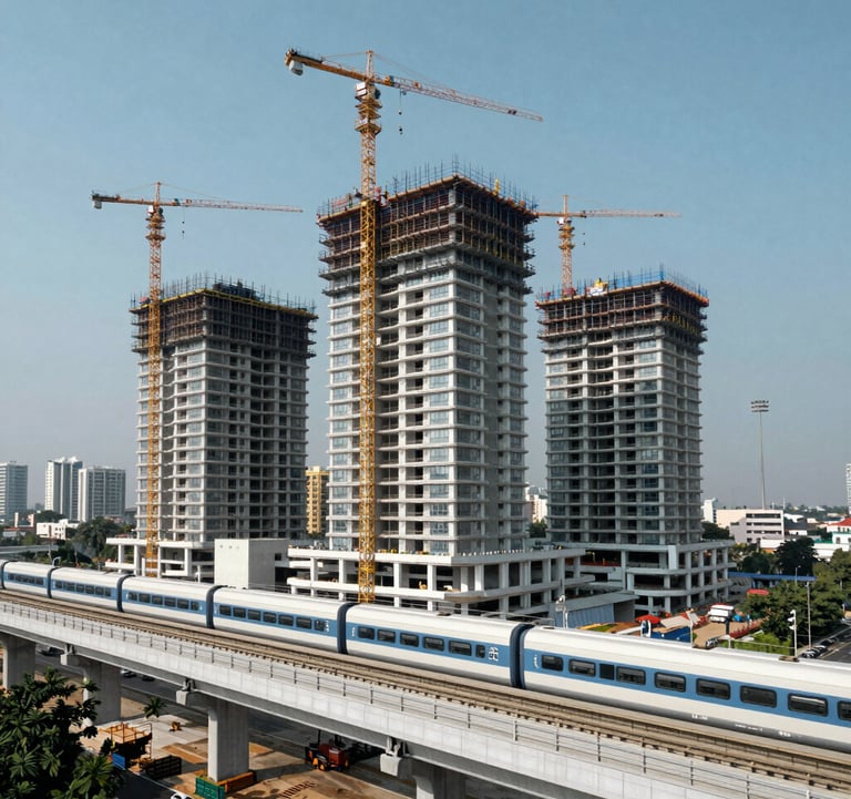 A high-quality architectural photograph of the Chennai Metro construction near Porur, showcasing modern connectivity. The image has a clean, muted blue palette with crisp white details, emphasizing the strategic location advantage.