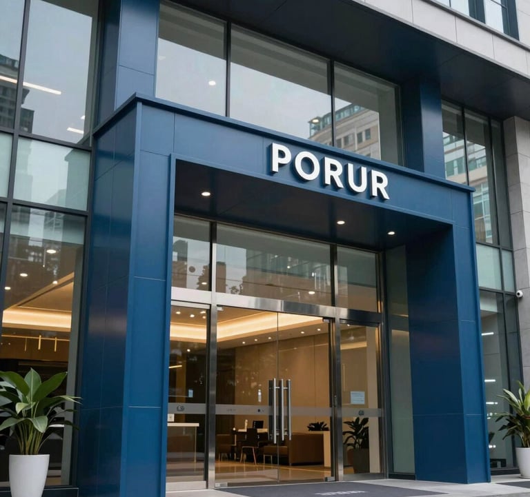 Close-up architectural photography of a high-end commercial entrance near Porur, featuring sleek glass and steel blue metal finishes. The lighting is crisp and professional, emphasizing a modern business environment.