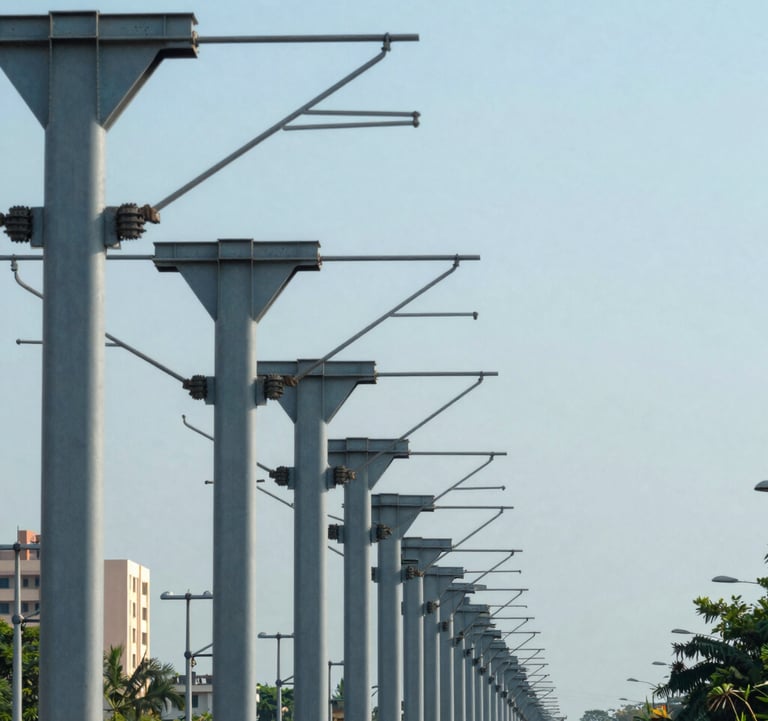 A perspective shot of the upcoming Chennai Metro Rail pillars stretching into the distance near the property. The style is urban and industrial, featuring steel blue and grey tones under a bright, clear sky.