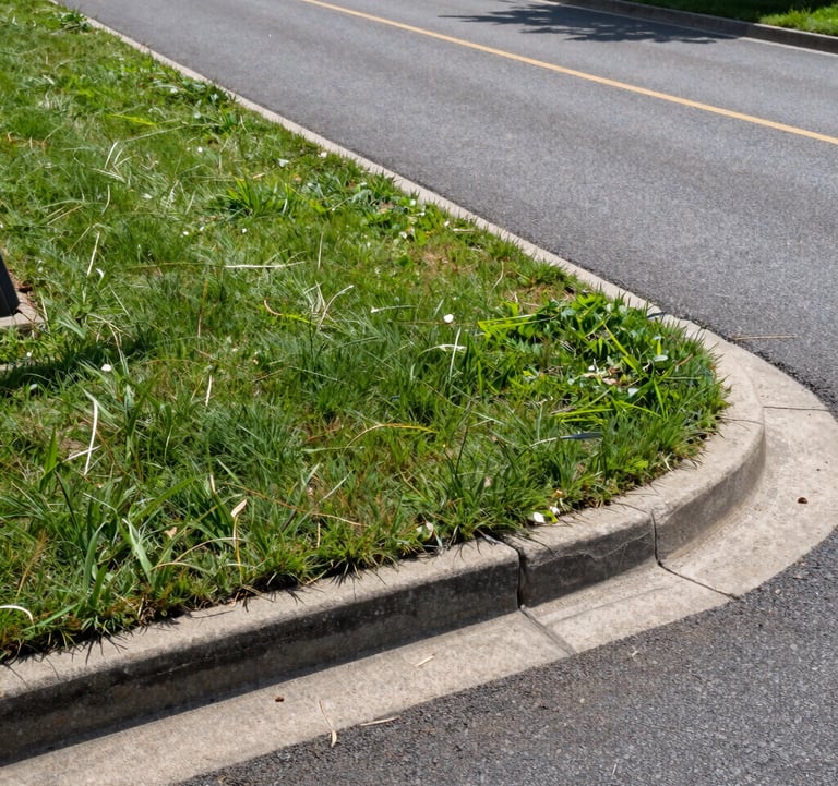 A crisp, detailed ground-level photograph of the site boundary and access road, showing clean edges and professional land maintenance.