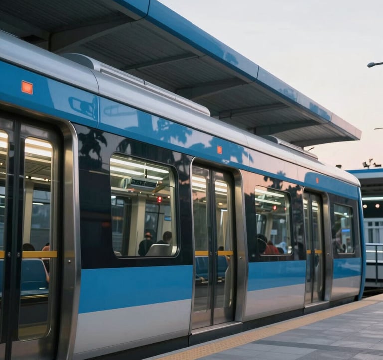 A sleek, modern Chennai Metro Rail station exterior with metallic steel blue finishes and bright daytime lighting, symbolizing future connectivity.