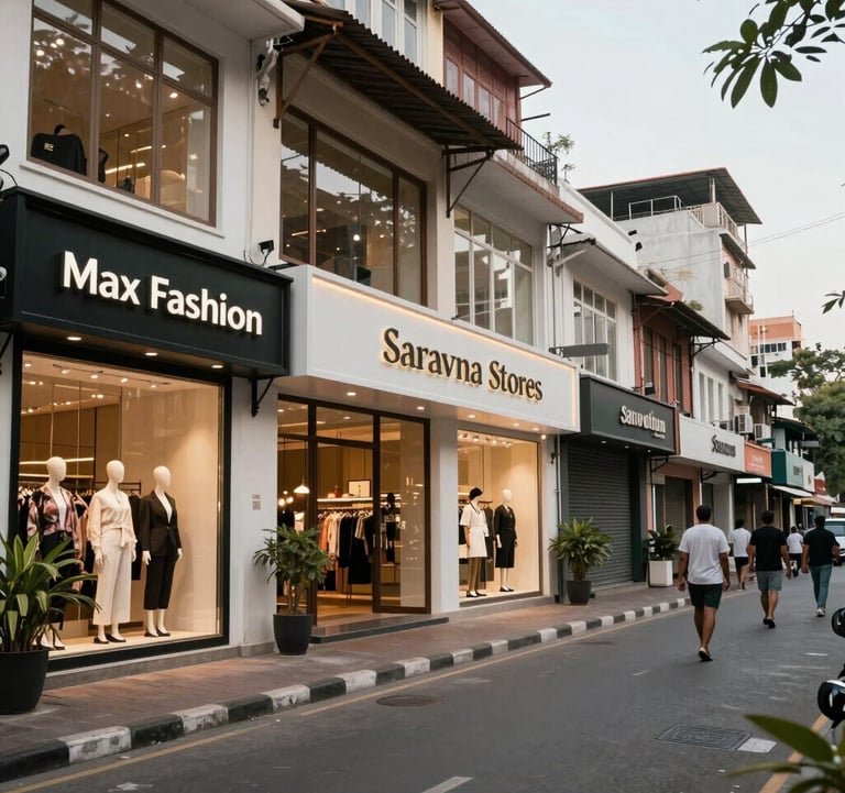 A vibrant but sophisticated retail street view in Chennai featuring upscale storefronts and lifestyle brands like Max Fashion and Saravana Stores.