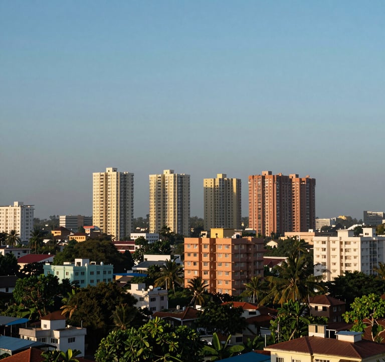 A wide shot showing the surrounding urban landscape of Moulivakkam, featuring residential towers in the distance under a clear soft blue sky.