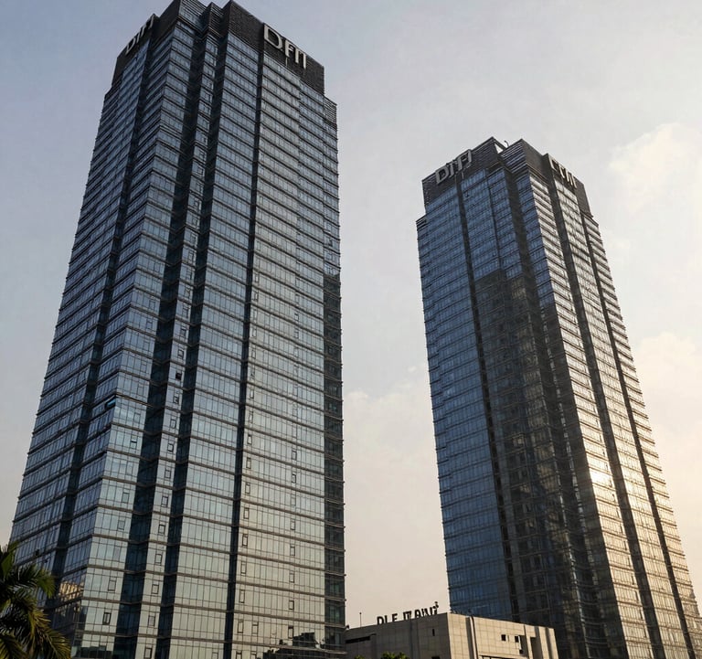 Professional exterior photography of the DLF IT Park glass towers in Chennai, reflecting a bright morning sky. The composition emphasizes high-end commercial growth and proximity, using deep navy and off-white tones.