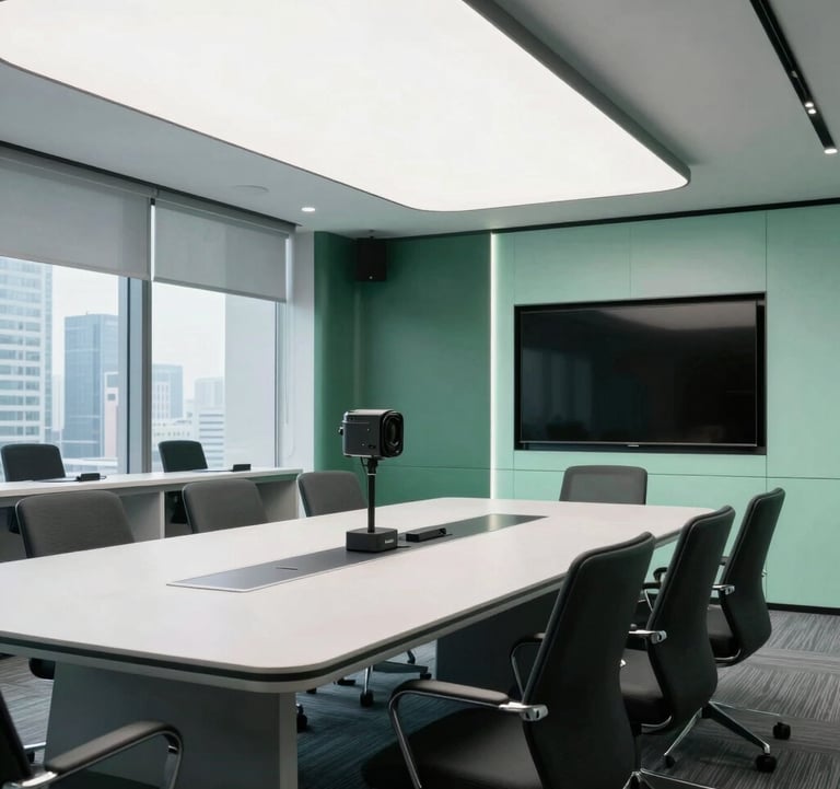 Photography of a high-tech meeting room with professional audio-visual equipment. The design is sleek and innovative, utilizing colors like dark green and light mint. The setting is in a contemporary East Asian office building.