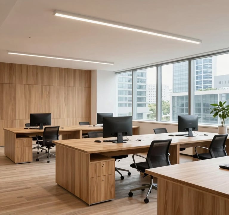 A wide-angle photograph of a modern, minimalist collaborative workspace in an East Asian metropolitan area. The interior features natural wood textures, clean lines, and large windows. The lighting is bright and airy, reflecting a sophisticated and reliable brand image.