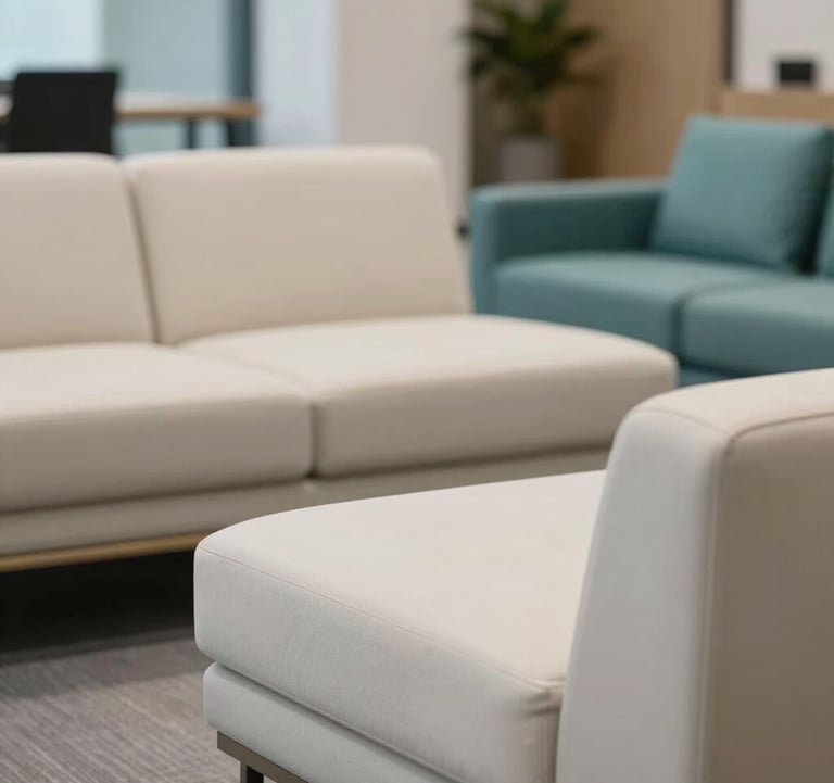 An aesthetic close-up of a modern lounge area within a corporate office. It shows high-quality designer furniture and subtle brand elements in off-white and medium teal. The mood is calm and professional.