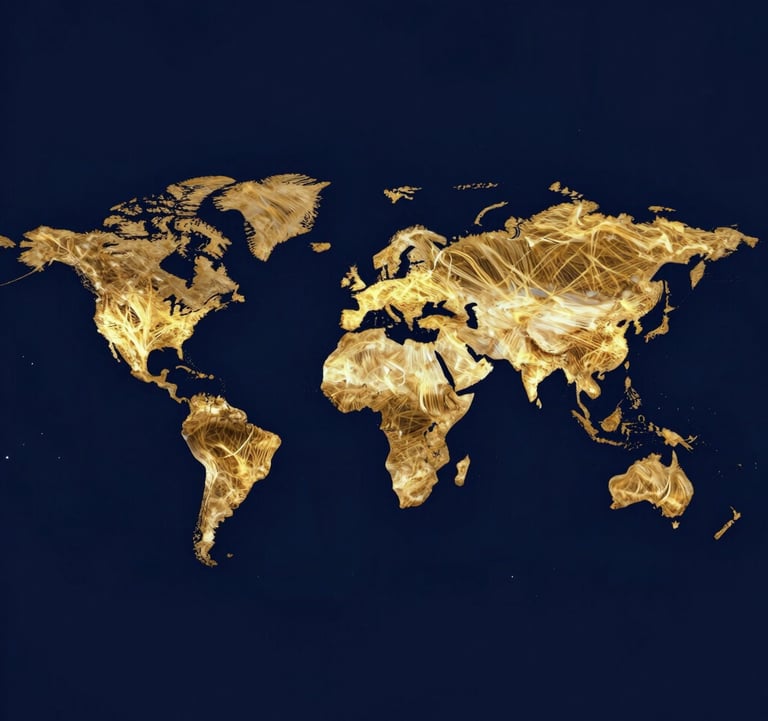 A global map silhouette made of golden light threads (#D8B863) on a deep navy background (#0D131C), representing the global reach of the ministry.