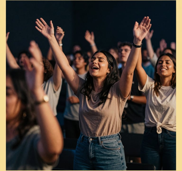 A vibrant, modern photograph of a ministry event, showing spiritual energy and community. High-end lighting with deep navy shadows (#0D131C) and warm golden highlights (#D8B863). People are engaged in intense, joyful worship.
