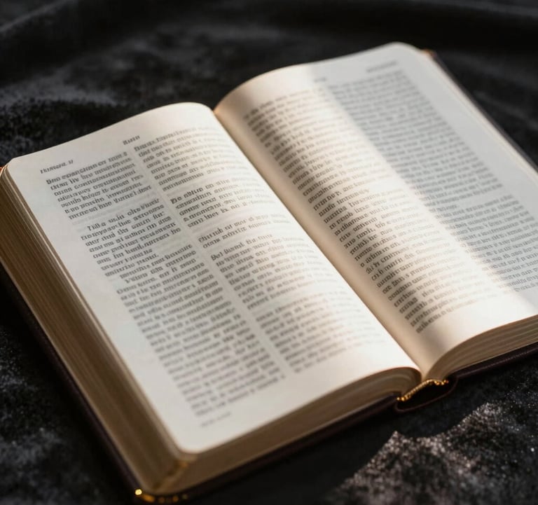 An artistic close-up of an open Bible with gold-edged pages on a dark velvet surface. A single ray of light (#D8B863) shines across the text, evoking deep spiritual truth and divine acceptance. High-contrast, premium look.