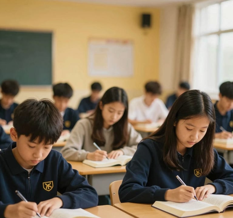 A modern classroom setting with a warm, intimate atmosphere. Focused students are studying scripture under soft gold lighting. The image incorporates the brand's deep navy and gold palette, looking professional and transformative.