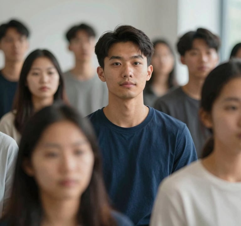 A high-end, modern portrait of diverse young believers in a spiritually charged community setting. The aesthetic is clean and premium, using the brand colors #F2F4F7 and #2E3A4B, with cinematic depth of field.