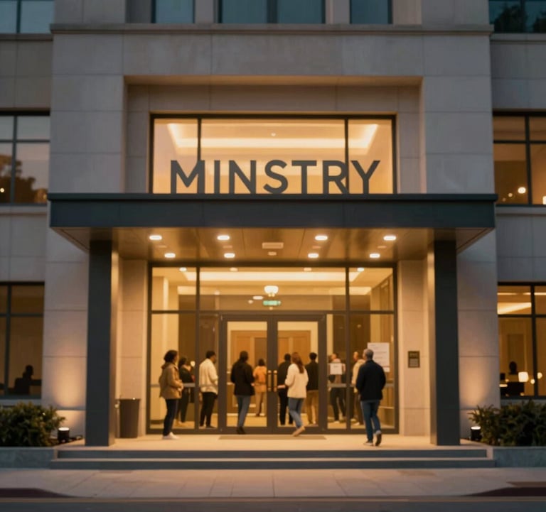 A cinematic shot of a modern ministry building entrance at dusk, with warm golden light spilling out, welcoming people to a global movement of faith.