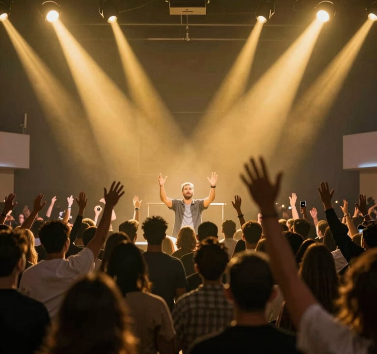 A vibrant, immersive shot of a high-energy Sunday worship service. Radiant light trails in gold (#D8B863) illuminate a crowd in a modern sanctuary. The mood is spiritually powerful and bold, with a high-end cinematic aesthetic.