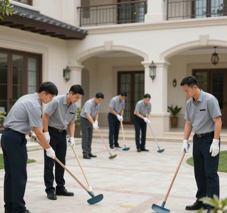 A group of professional maintenance and cleaning experts in subtle branded uniforms attending to a luxury villa, ensuring every detail is perfect before a guest arrival.
