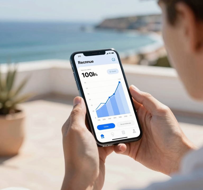A close-up shot of hands holding a smartphone displaying a high-revenue dashboard with a graph going up. In the background, a blurred view of a sunny terrace overlooking the Algarve coast. Sophisticated and financial-focused.