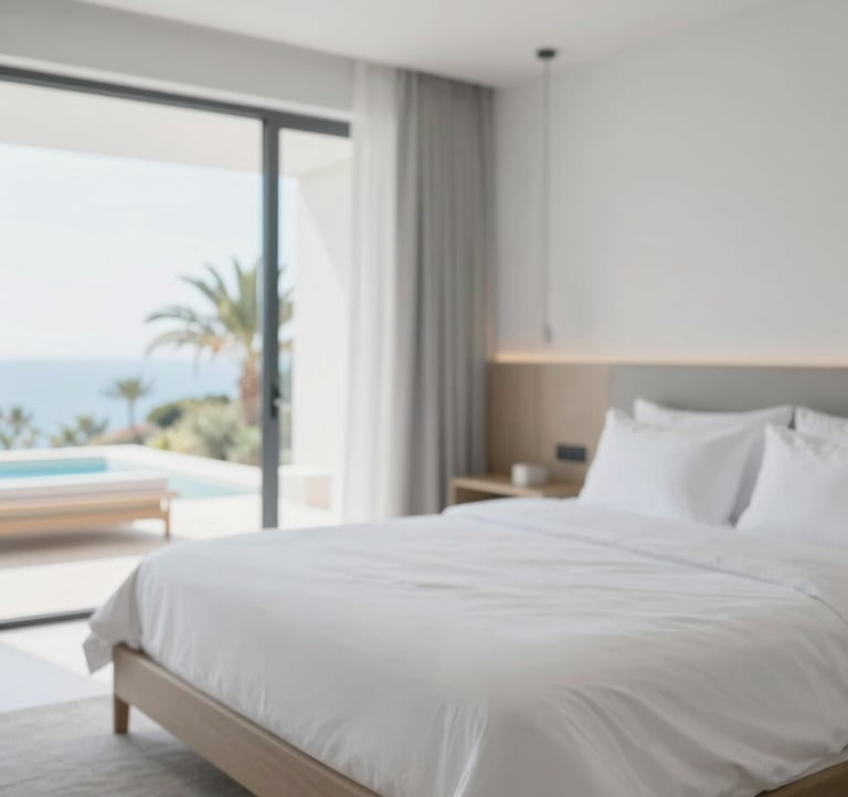 A close-up of a high-end luxury bedroom in a modern Algarve villa. Crisp white linens, minimalist wooden furniture, and a large window showing a hint of palm trees. The color palette is dominated by #F7F9FB and soft #4A6D7C accents.