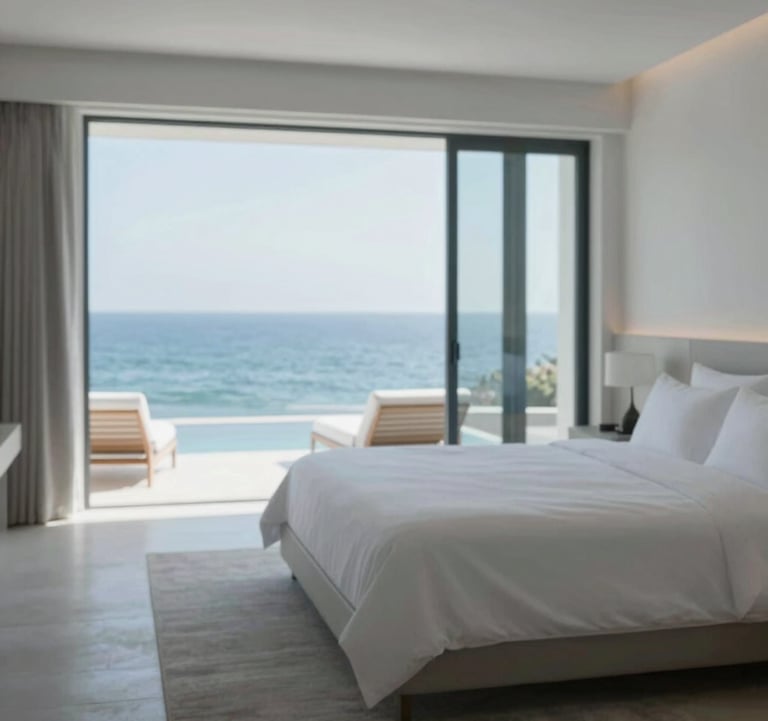 Professional photography of a minimalist master suite in a coastal villa, crisp linens, Atlantic breeze through open windows, serene and sophisticated atmosphere, palette including #B4C5CB.