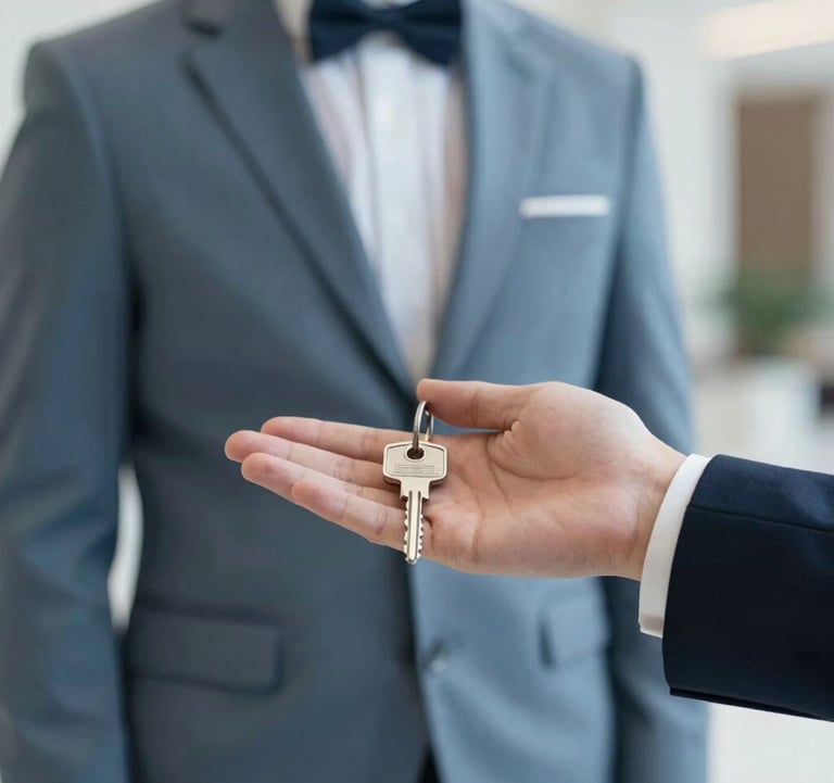 Close-up of a professional concierge handing over silver keys in a minimalist, bright lobby. Sophisticated and high-end feel, incorporating the slate blue #4A6D7C.