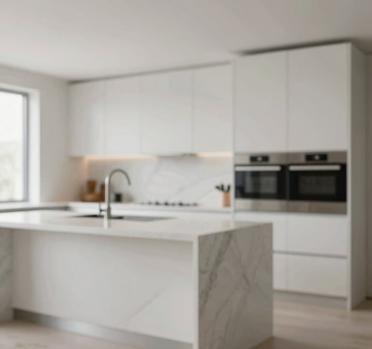 Interior view of a designer kitchen with a marble island and high-end built-in appliances. The lighting is bright and natural. Clean lines and a minimalist aesthetic that reflects a premium property management standard.